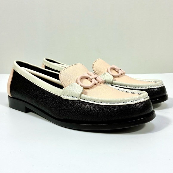 Salvatore Ferragamo Gancini Leather Colorblock Loafers 8.5 Black Pink Ivory NEW - Picture 7 of 17